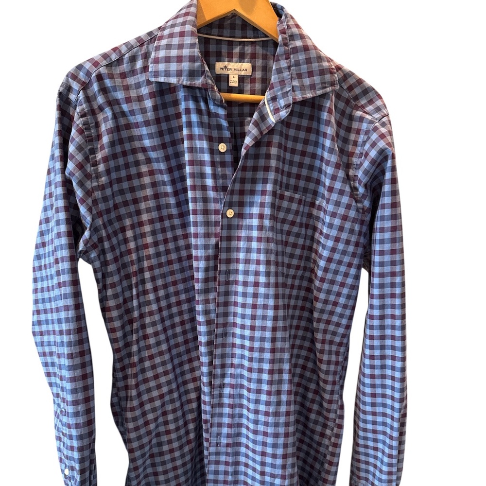 Peter Millar Long Sleeve Button Down Shirt Mens Large Blue Plaid Cotton Blend